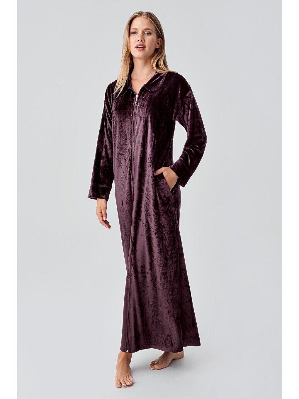 Mürdüm Uzun Kollu Fermuarlı Cepli Esnek Viskoz Kadife Elbise-1