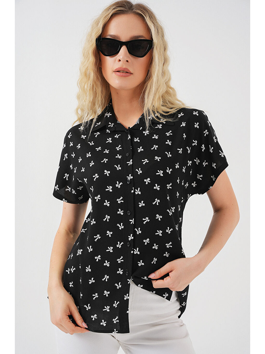 Kadın Kısa Kol Desenli Gömlek 20310 - Siyah-2