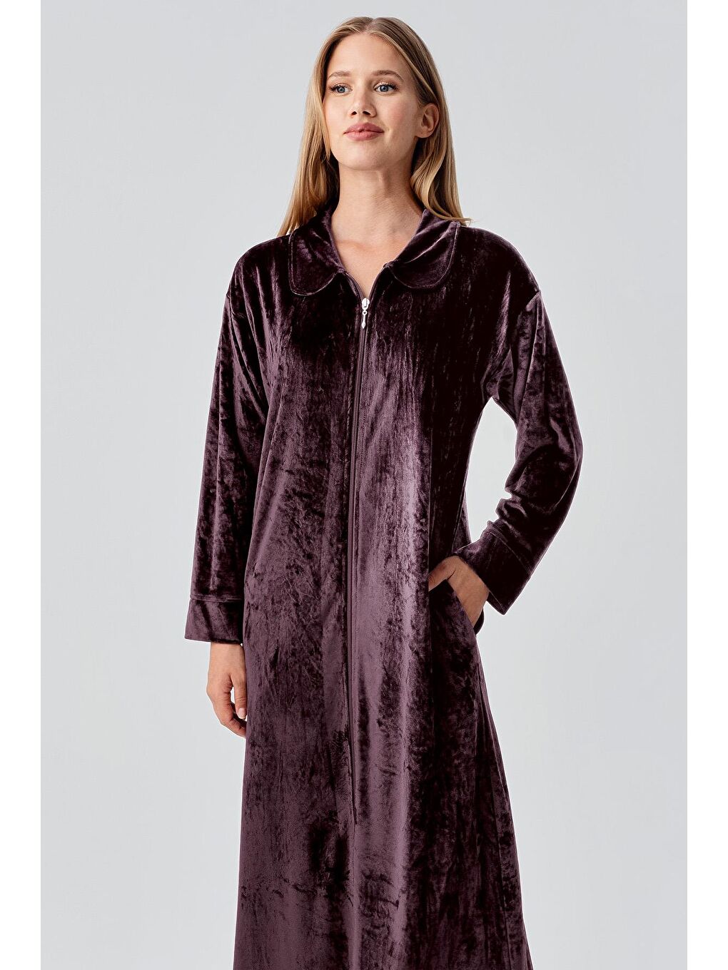 Mürdüm Uzun Kollu Fermuarlı Cepli Esnek Viskoz Kadife Elbise-3