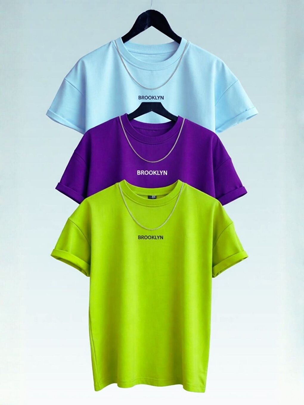 Karışık 3Lü Brooklyn Baskılı Tişört BebeMavi Mor Lime