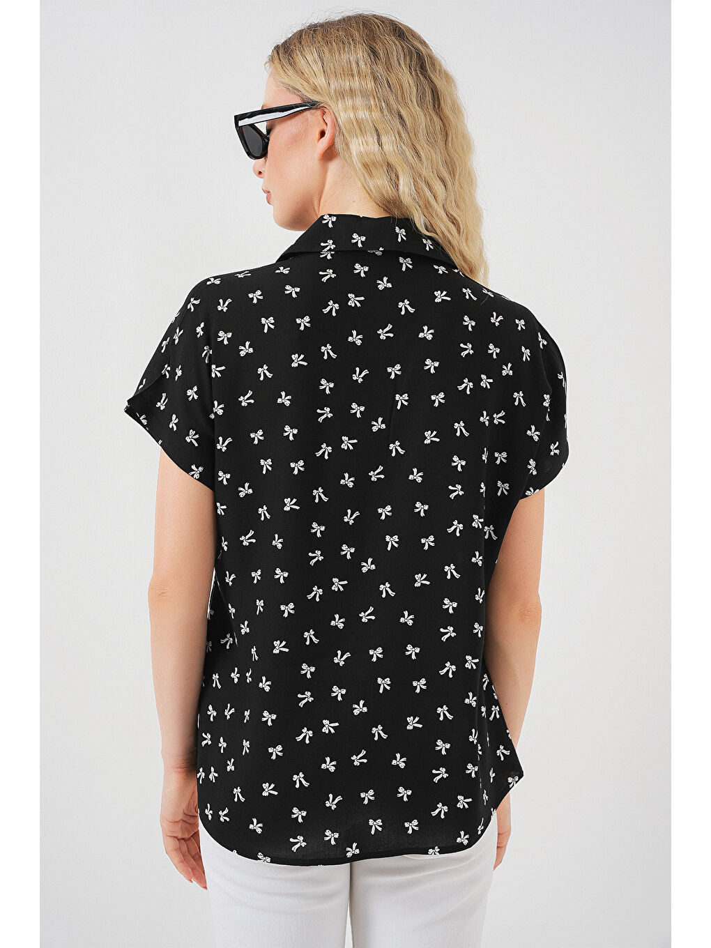 Kadın Kısa Kol Desenli Gömlek 20310 - Siyah-5