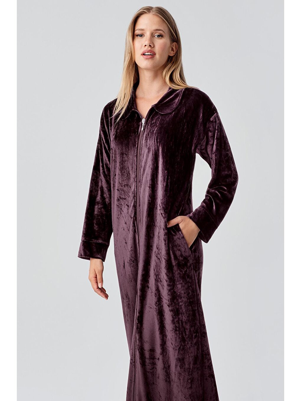 Mürdüm Uzun Kollu Fermuarlı Cepli Esnek Viskoz Kadife Elbise-4