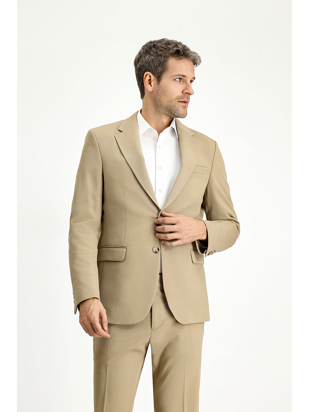 Bej Slim Fit Dar Kesim Klasik Takım Elbise-4