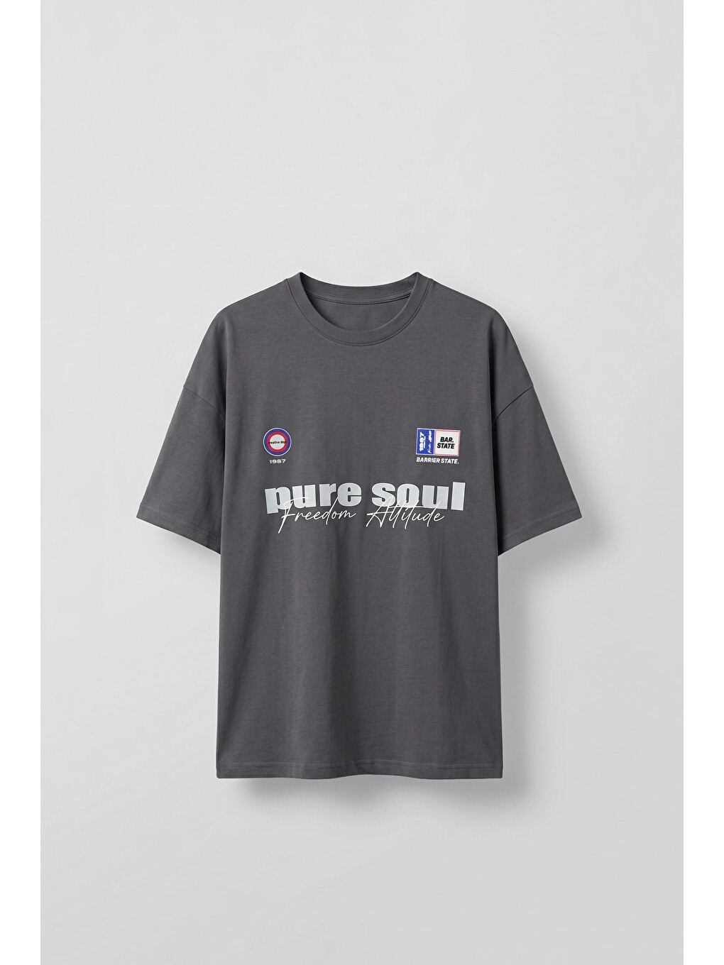 Gri Erkek Boxy Fit %100 Pamuk Grafik Baskılı T-Shirt Füme
