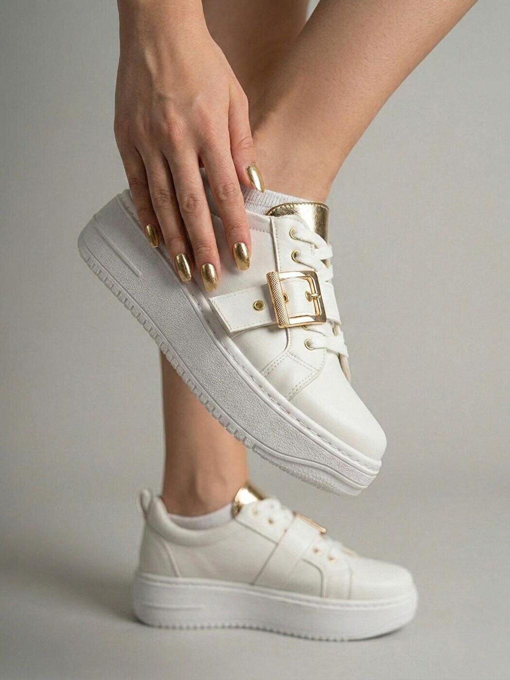 Beyaz Lusi Kemer Gold Detaylı Günlük Ortopedik Sneaker-1