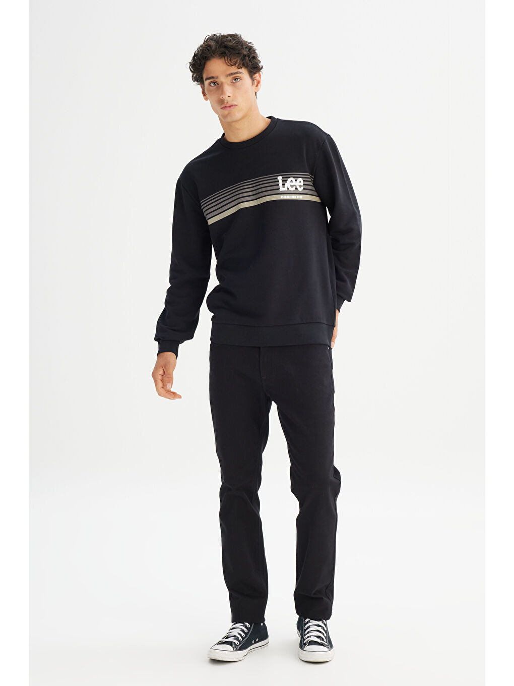 Regular Fit Normal Kesim Bisiklet Yaka Baskılı Siyah Sweatshirt-1