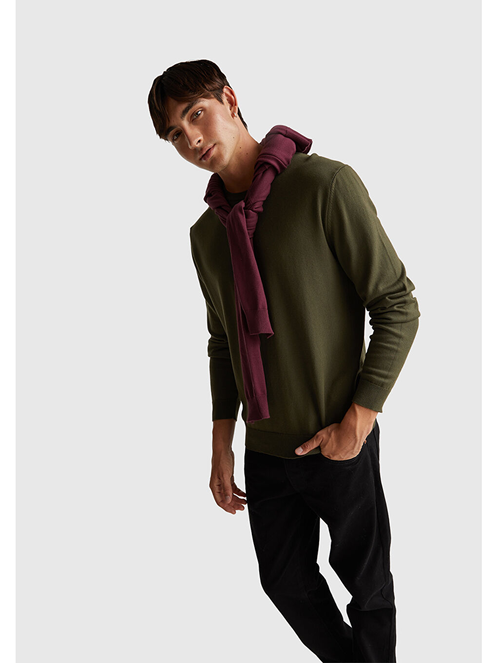 Erkek Haki %100 Pamuk Bisiklet YakaKazak-4