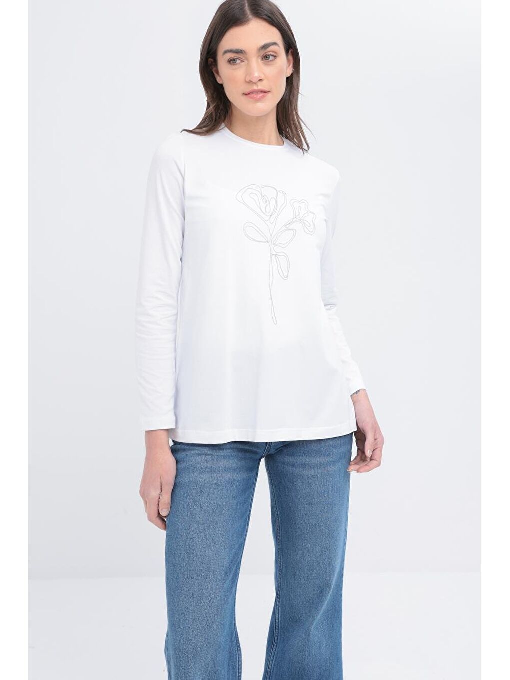 Beyaz Zincir Nakışlı Uzun Kollu Elastanlı T Shirt