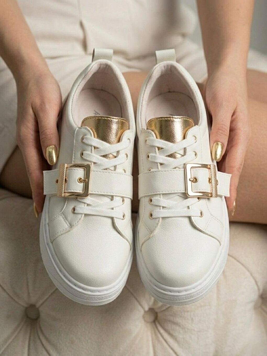 Beyaz Lusi Kemer Gold Detaylı Günlük Ortopedik Sneaker-3