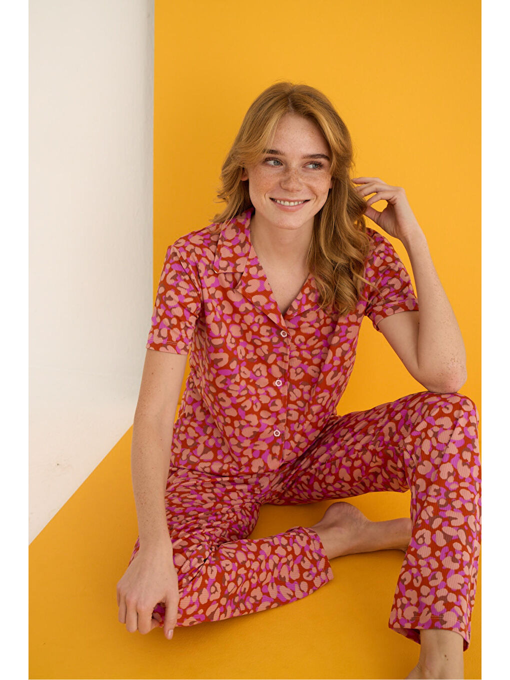 Bej Helen Düğmeli Pijama Takımı 7001-11