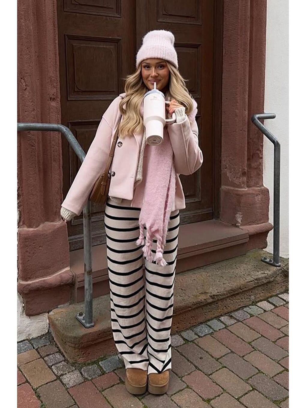 Ekru Çizgili Kadın Triko Pantolon Mg2342