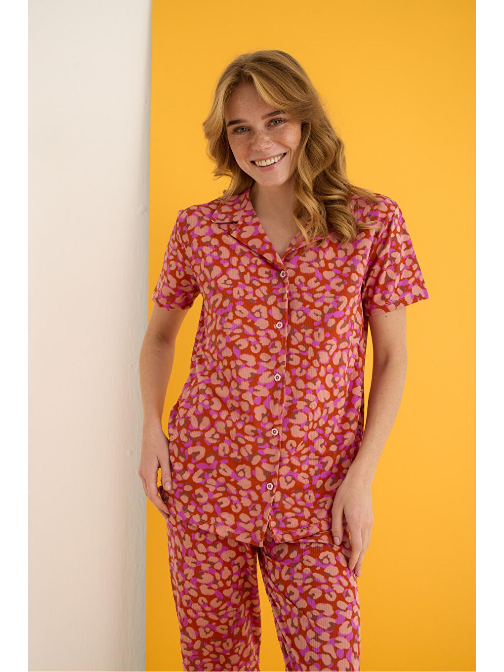 Bej Helen Düğmeli Pijama Takımı 7001-11-1