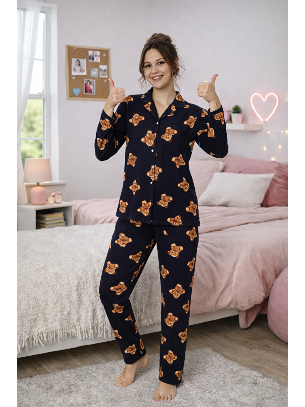 Siyah Kadın Ayıcık Desenli Kaliteli Milan Kumaş Gömlek Yaka Düğmeli Yumuşak Tuşe Pijama Takımı-1