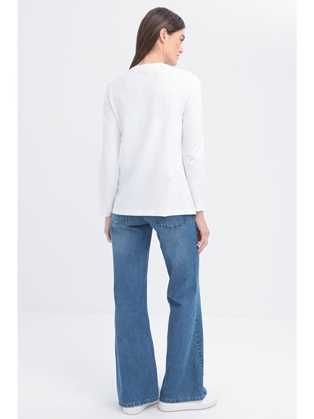 Beyaz Zincir Nakışlı Uzun Kollu Elastanlı T Shirt-3