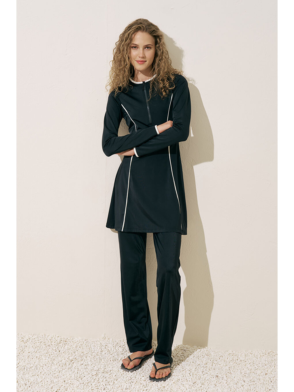 Şerit Detaylı Elbise Mayo Siyah-3