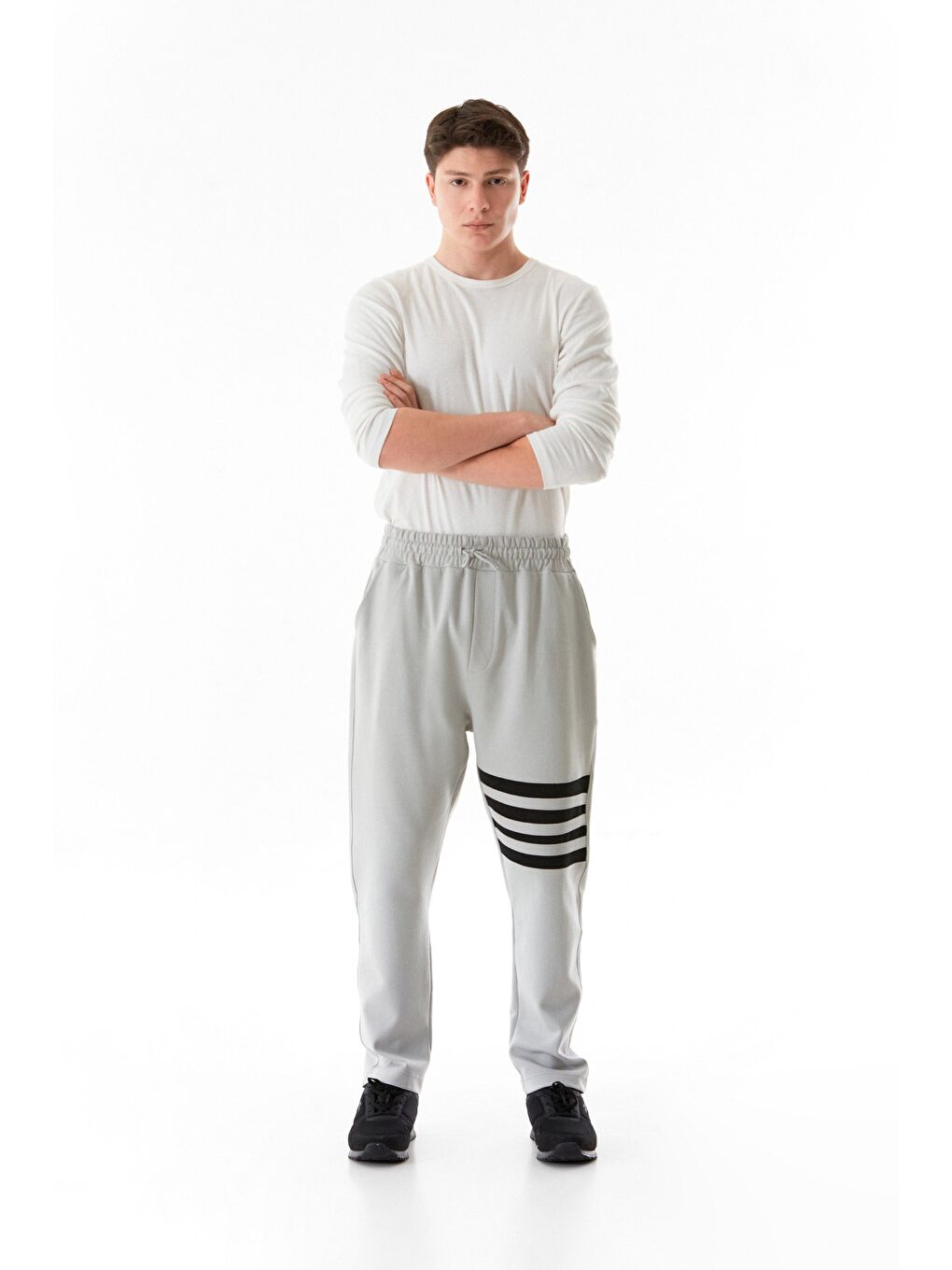 Gri Bacağı Şeritli Beli Lastikli %100 Pamuk Eşofman Altı-3