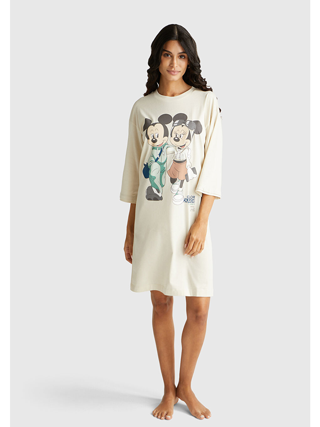 Ekru Kadın Krem %100 Pamuk Mickey Baskılı  Gecelik