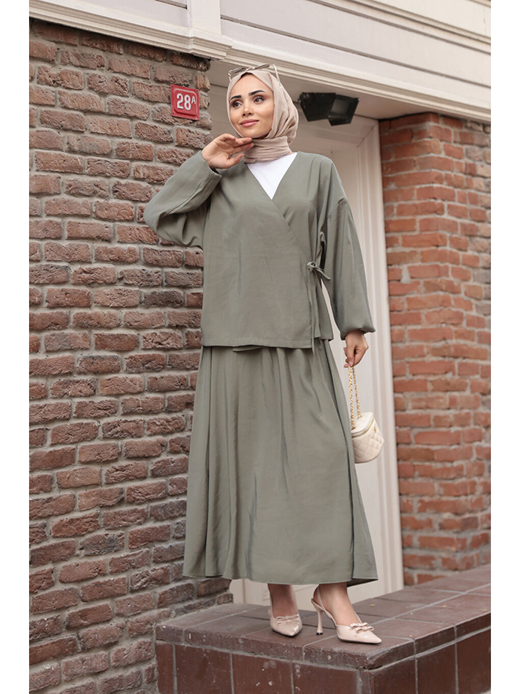 Kadın Yandan Bağlamalı Modal Takım Haki Yeşil