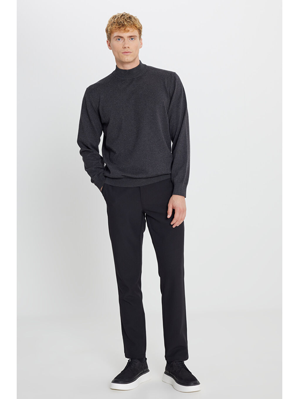 Erkek Antrasit-Melanj Pamuklu Standart Fit Normal Kesim Yarım Balıkçı Yaka Triko Kazak-1