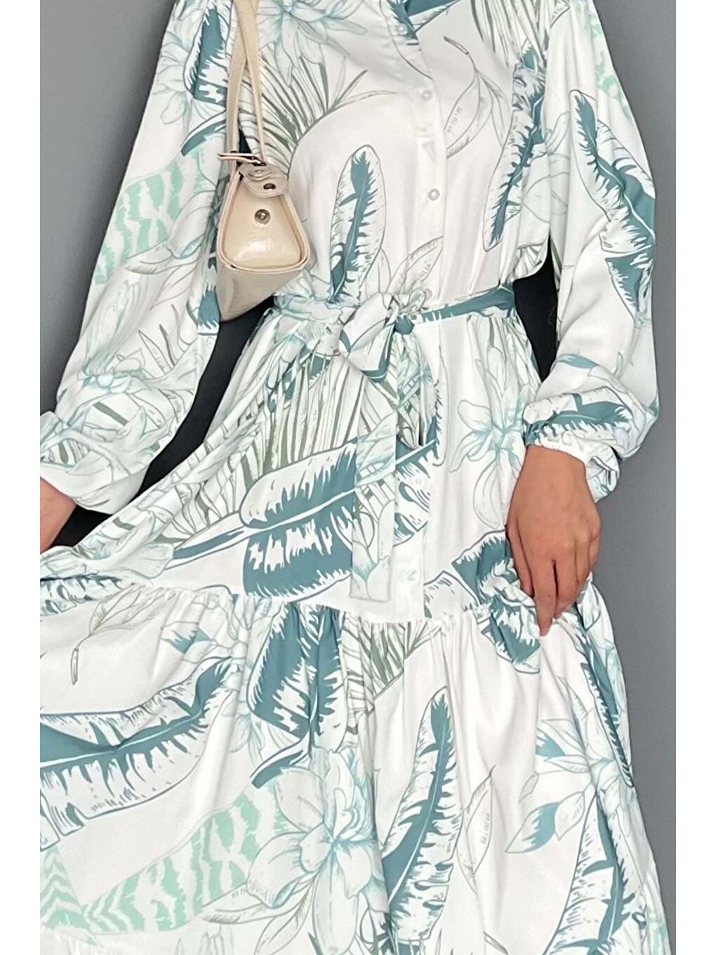 Yeşil Kadın Desenli Uzun Tesettür Elbise 2586 - Çağla-2