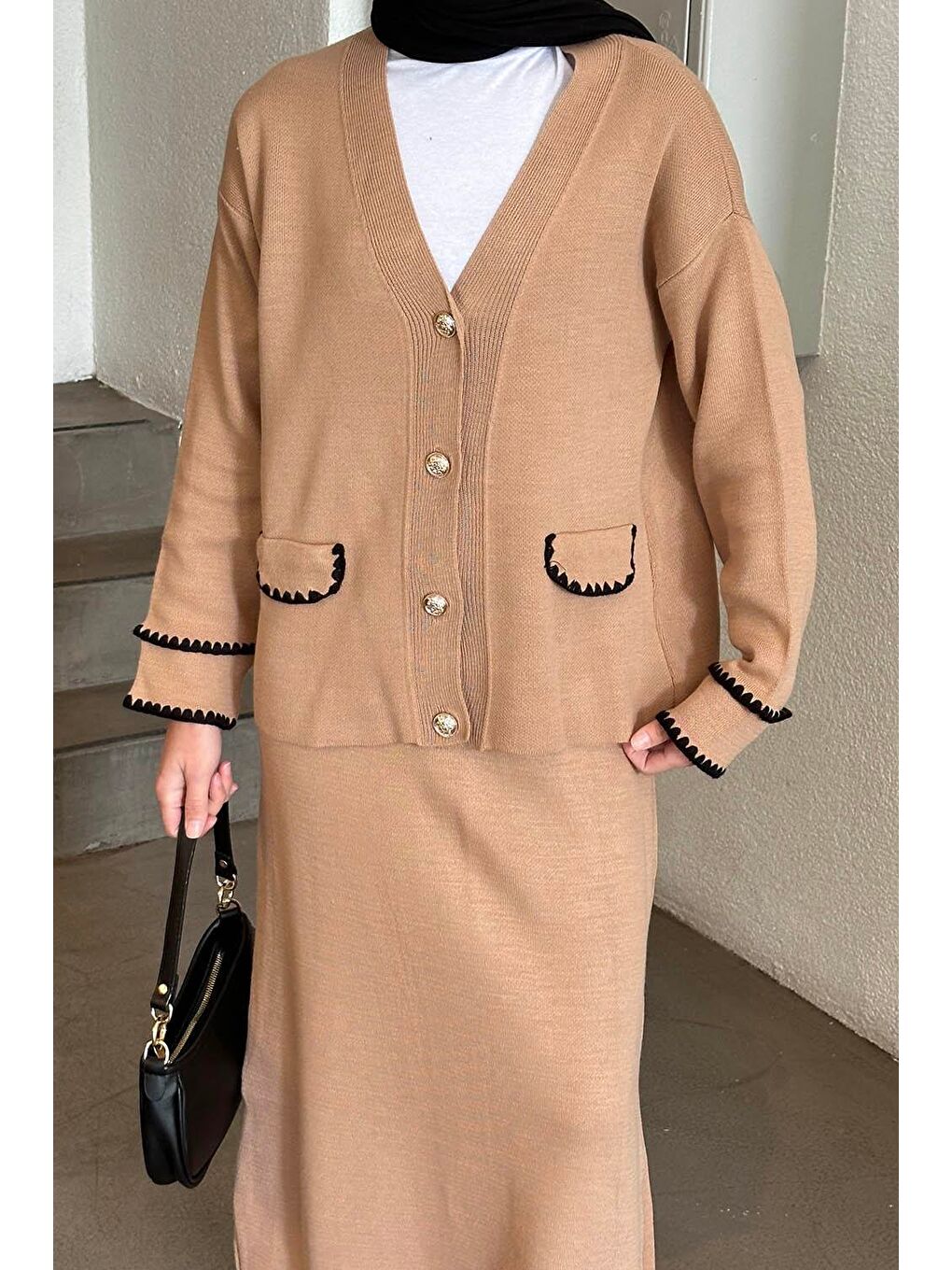 Kahverengi Etek-Hırka Tesettürlü Triko Takım Sütlü Kahve-2