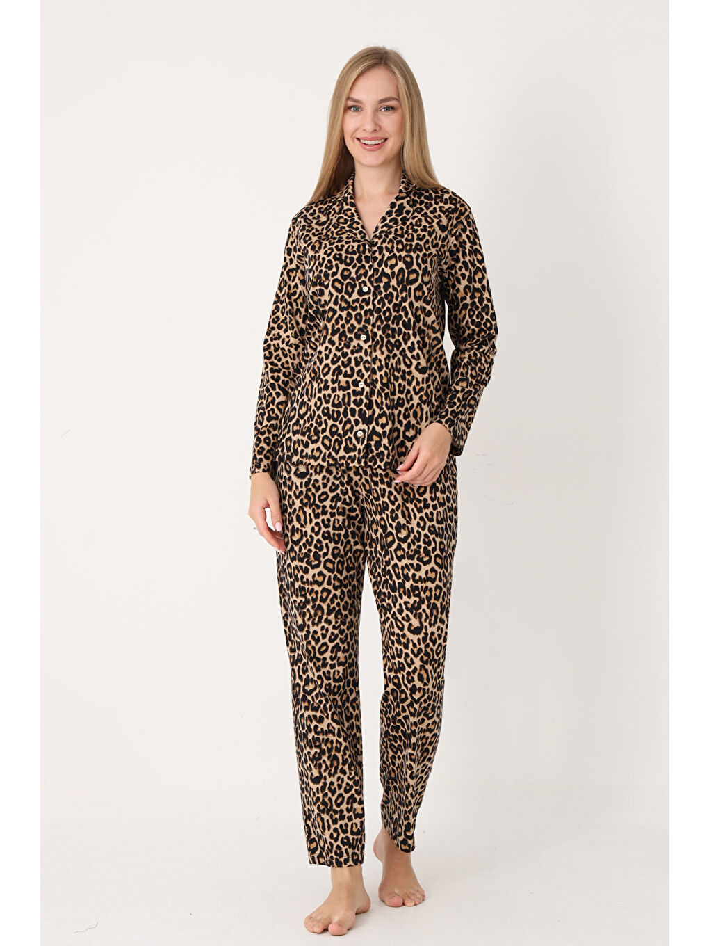 Karışık Leopar Desen Wild Önden Düğmeli Pijama Takım