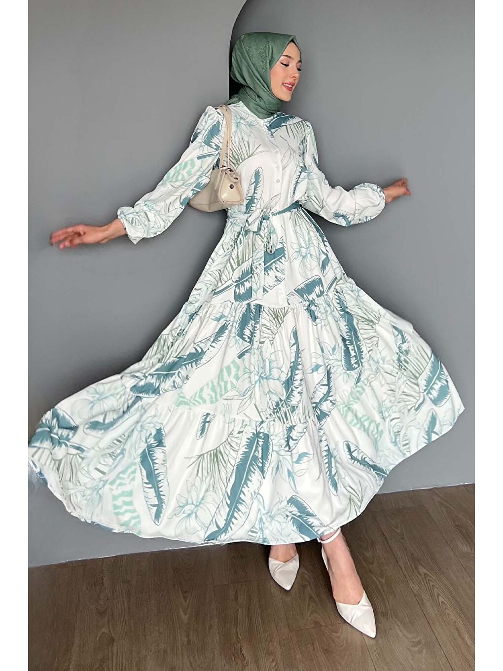 Yeşil Kadın Desenli Uzun Tesettür Elbise 2586 - Çağla-3