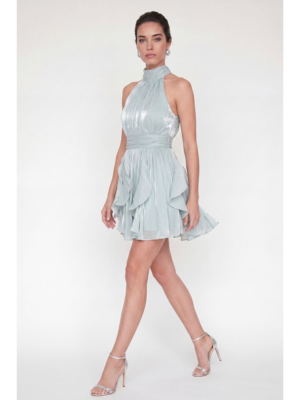 Kadın Mint Yeşili Halter Yaka Volanlı Mini Mezuniyet Elbise-1