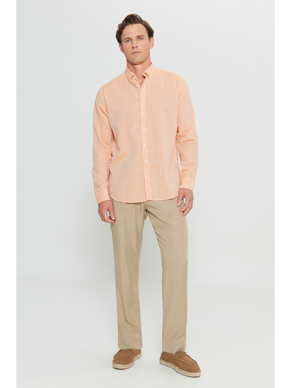 Erkek Turuncu %100 Keten Comfort Fit Rahat Kesim Düğmeli Yaka Gömlek-1