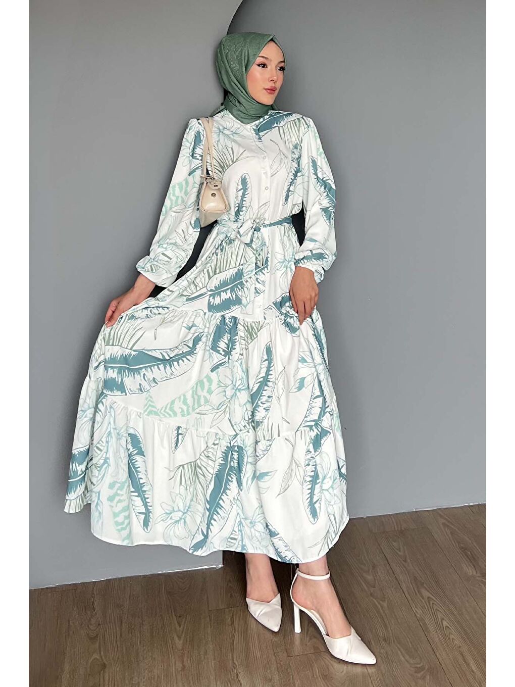 Yeşil Kadın Desenli Uzun Tesettür Elbise 2586 - Çağla-4