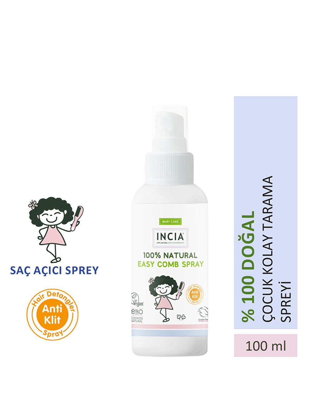 INCIA %100 Doğal Kolay Tarama Spreyi Çocuklar İçin Nemlendirici Parlaklaklaştırıcı Anti-Klit 100 ml