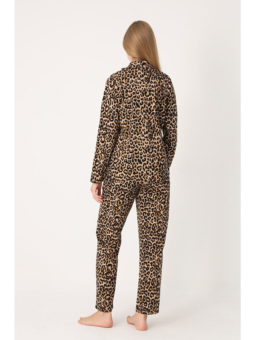 Karışık Leopar Desen Wild Önden Düğmeli Pijama Takım-1