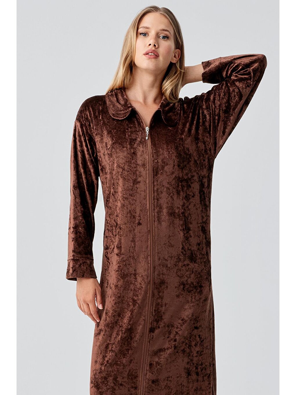 Kahverengi Uzun Kollu Fermuarlı Cepli Esnek Viskoz Kadife Elbise-3