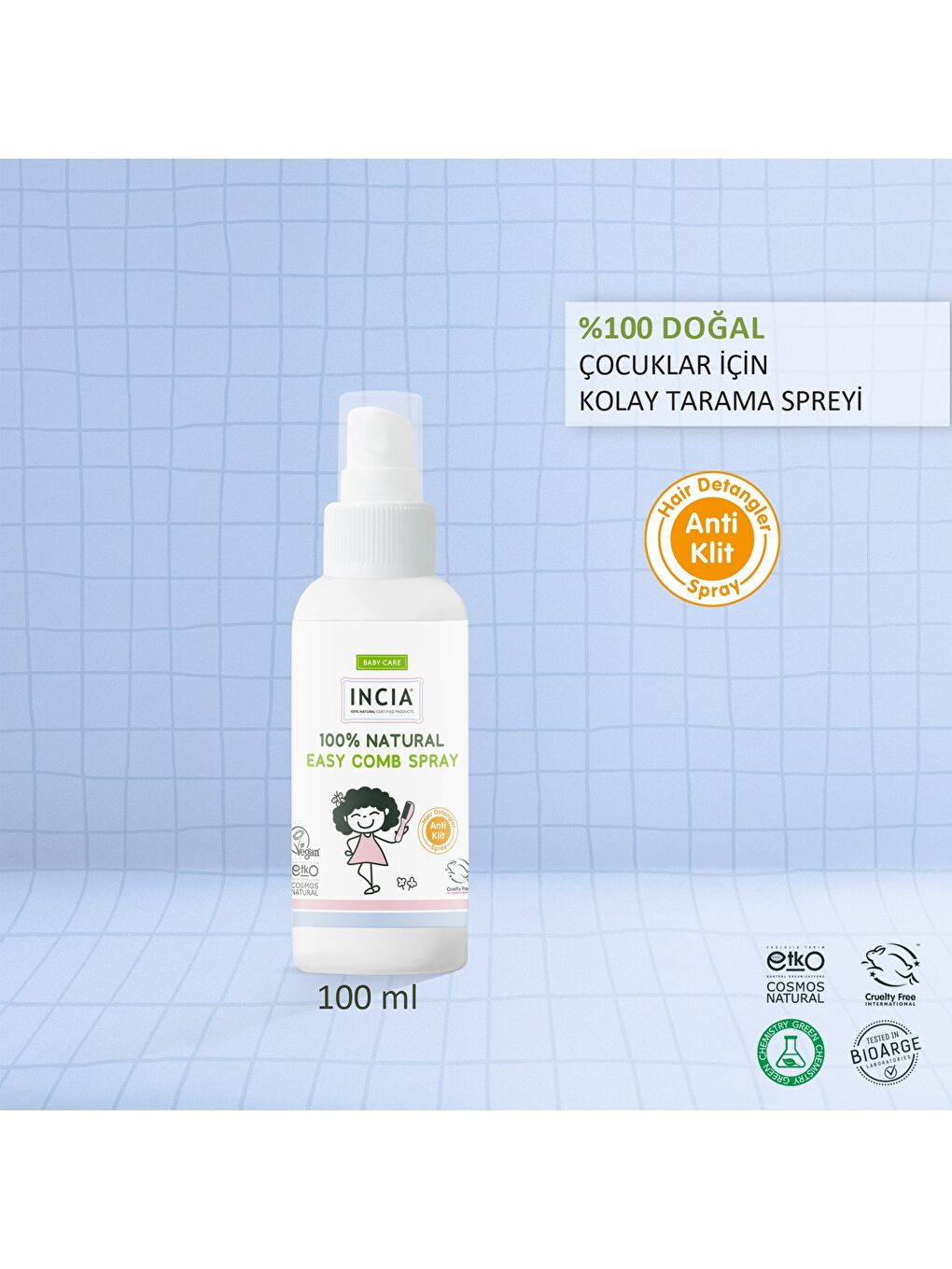 INCIA %100 Doğal Kolay Tarama Spreyi Çocuklar İçin Nemlendirici Parlaklaklaştırıcı Anti-Klit 100 ml - 1