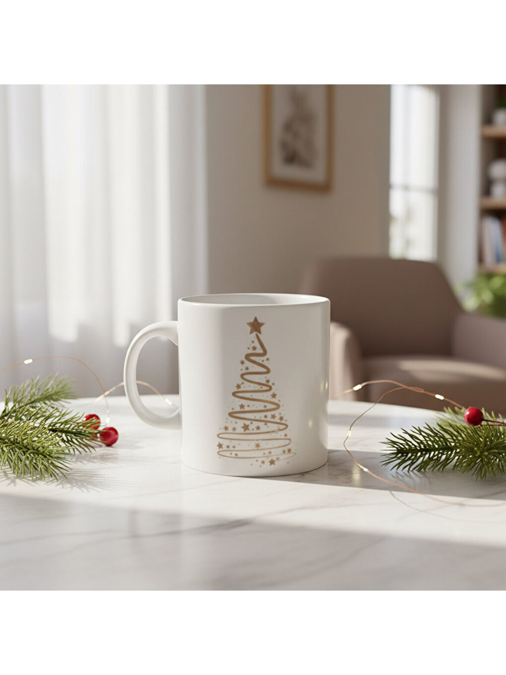 Ekru Yılbaşı Ağaçlı ve Takvimli  Mug Bardak 6839-1