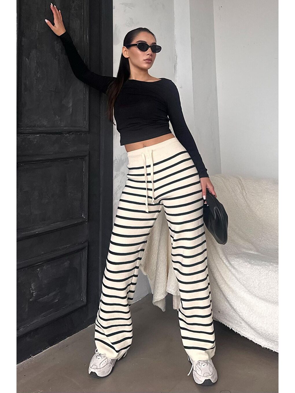 Ekru Çizgili Kadın Triko Pantolon Mg2342-4