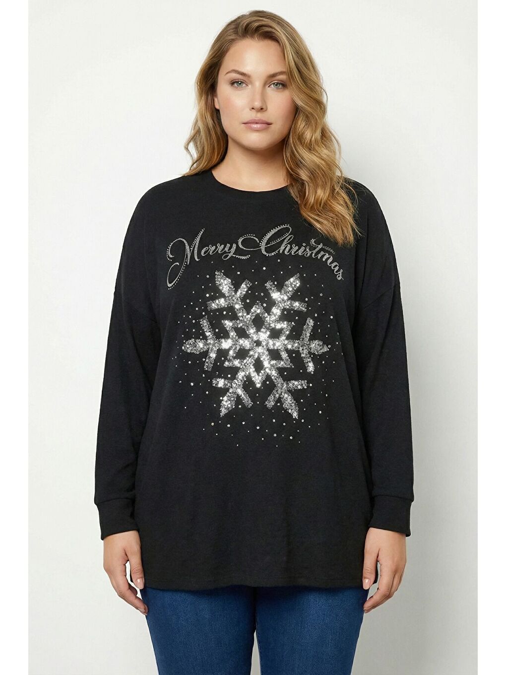 Büyük Beden Siyah Payetli Kar Tanesi Desenli Kazak 285080-3