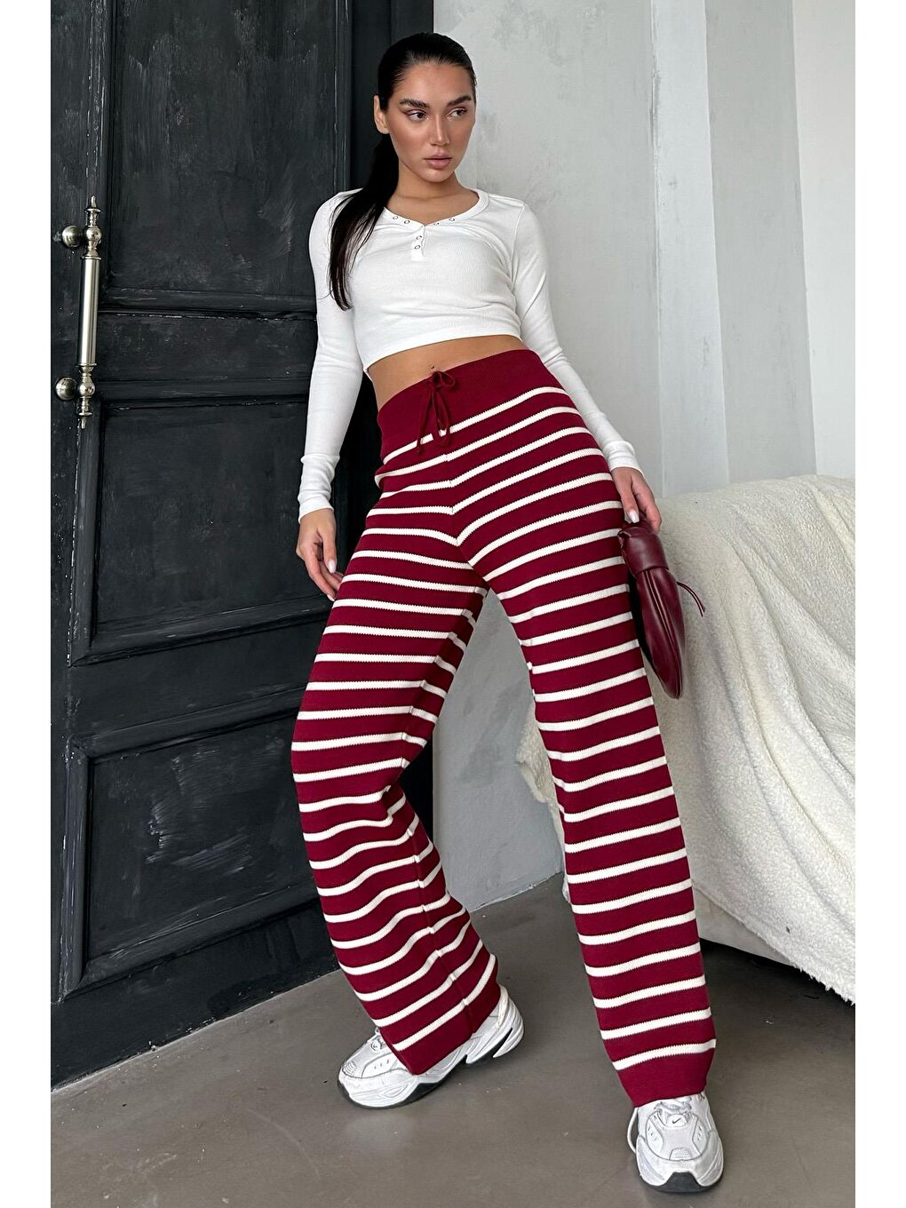 Bordo Çizgili Kadın Triko Pantolon Mg2342