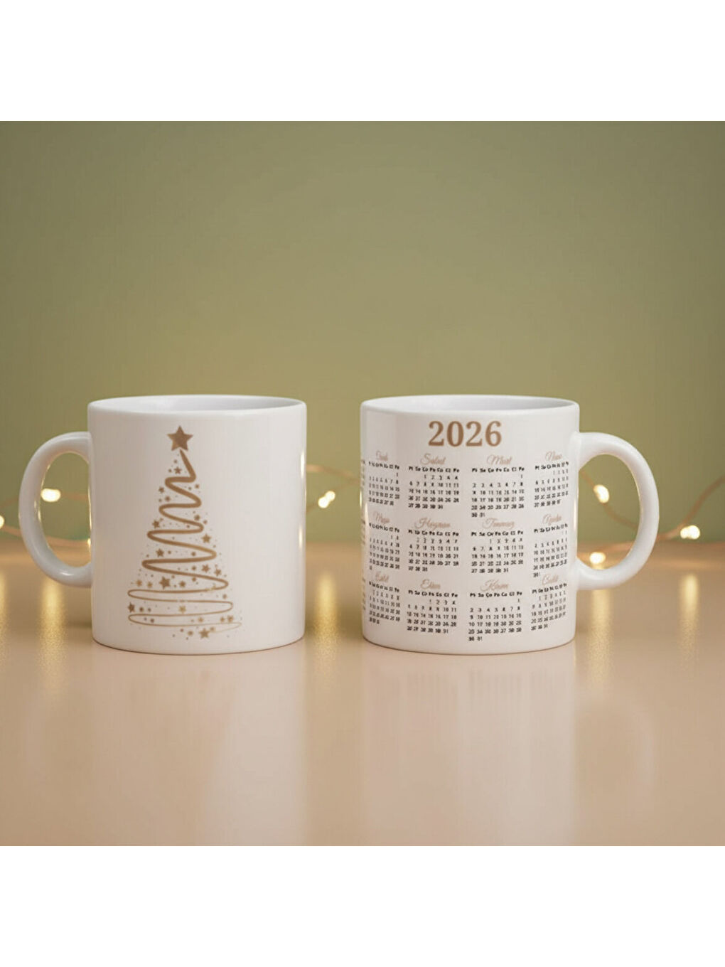 Ekru Yılbaşı Ağaçlı ve Takvimli  Mug Bardak 6839-3