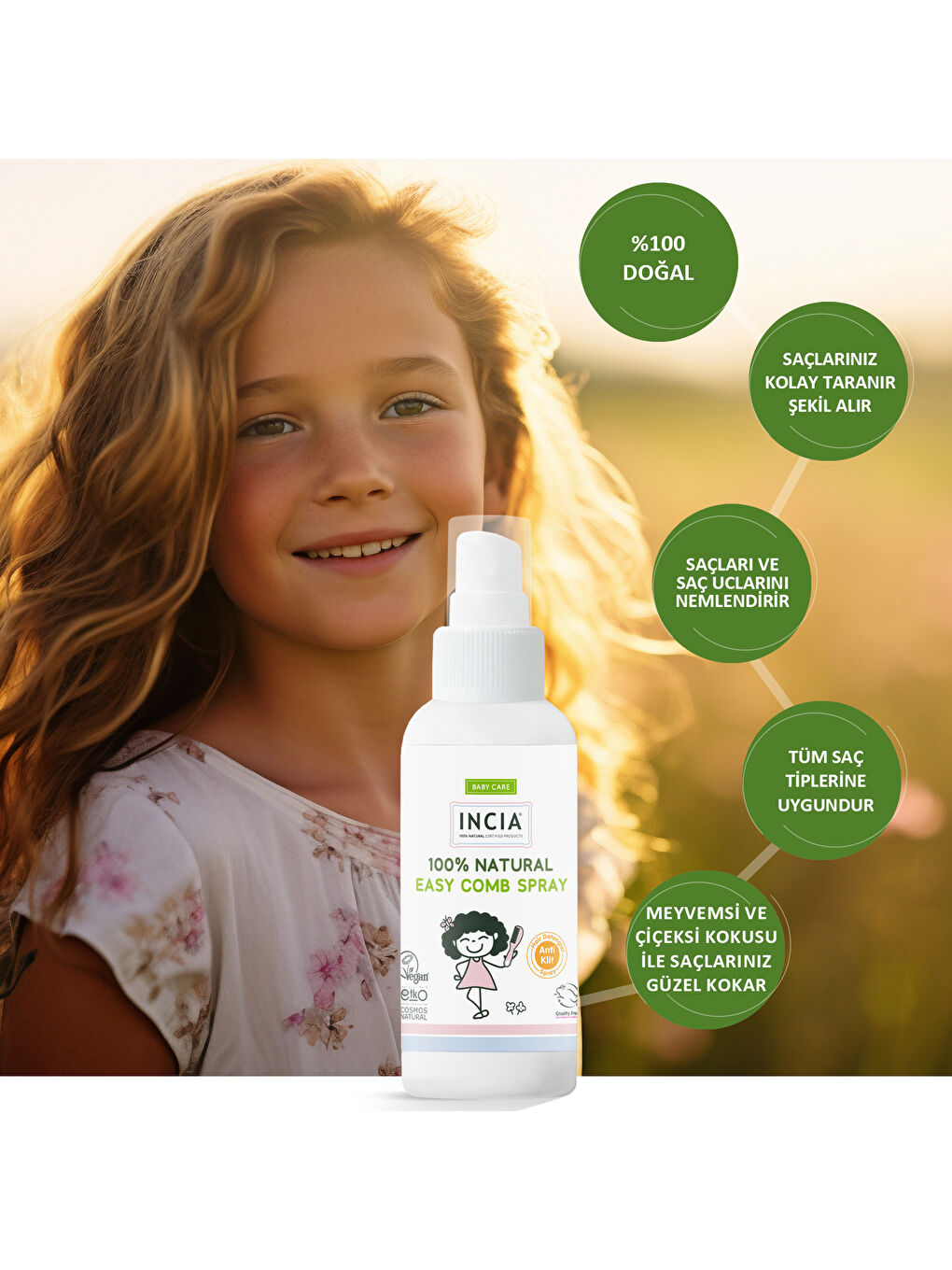 INCIA %100 Doğal Kolay Tarama Spreyi Çocuklar İçin Nemlendirici Parlaklaklaştırıcı Anti-Klit 100 ml - 3