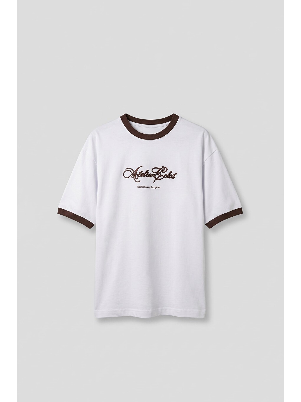 Erkek Boxy Fit Nakış Detaylı Kontrast Yaka T-Shirt Ekru