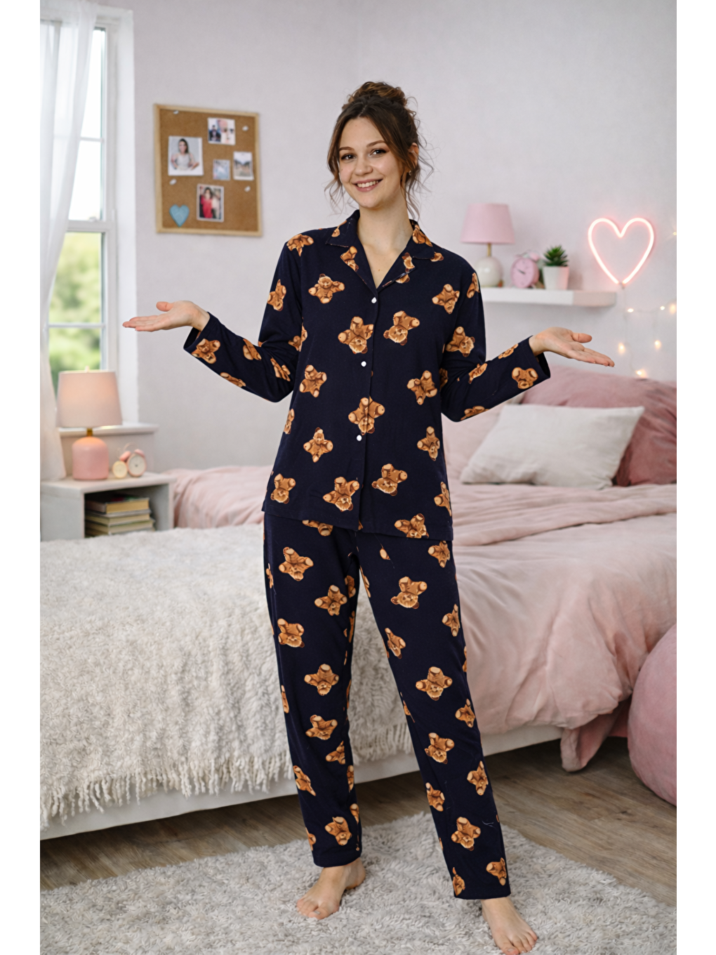 Siyah Kadın Ayıcık Desenli Kaliteli Milan Kumaş Gömlek Yaka Düğmeli Yumuşak Tuşe Pijama Takımı-2