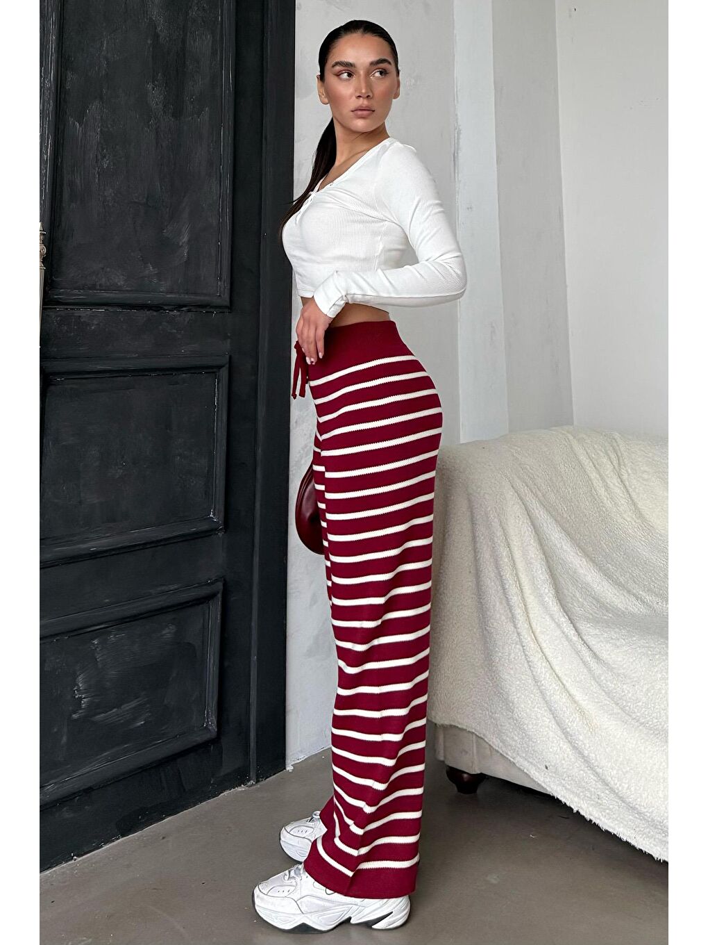 Bordo Çizgili Kadın Triko Pantolon Mg2342-1