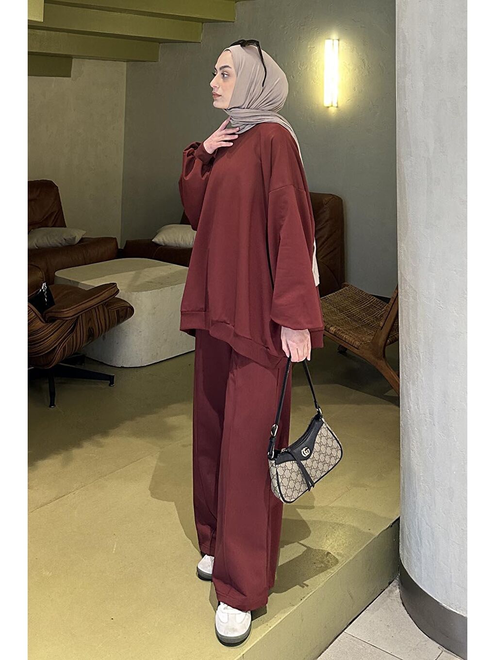 Kapüşonlu Pantolonlu İkili Tesettür Takım Bordo-1