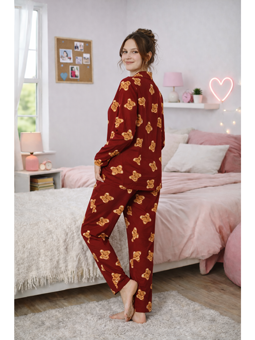 Bordo Kadın Ayıcık Desenli Kaliteli Milan Kumaş Gömlek Yaka Düğmeli Yumuşak Tuşe Pijama Takımı-1