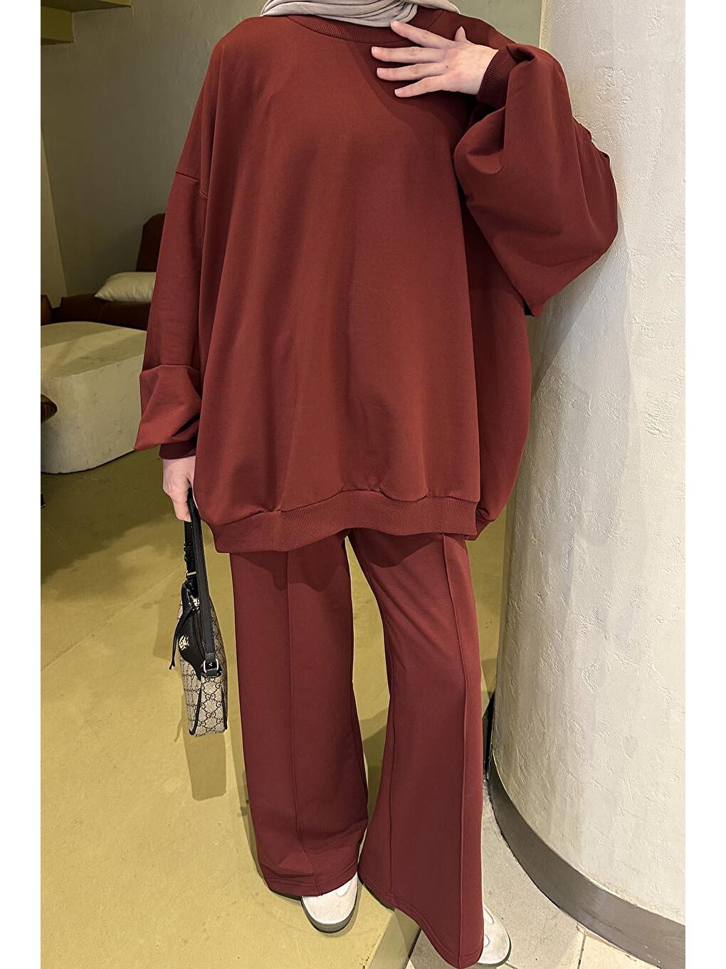 Kapüşonlu Pantolonlu İkili Tesettür Takım Bordo-2