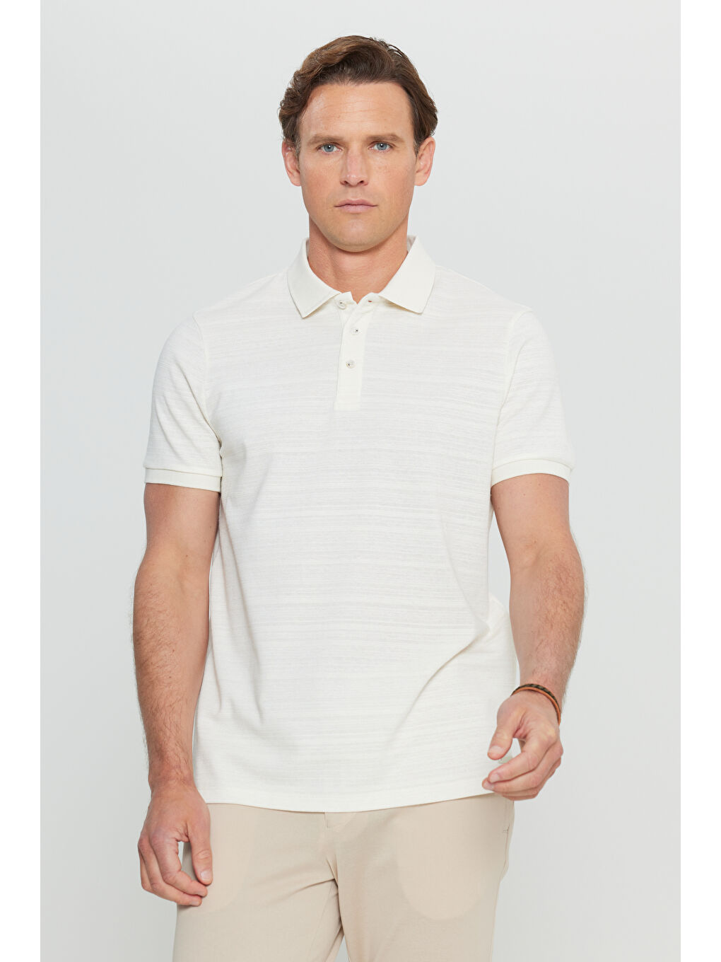 Erkek Bej Pamuklu Slim Fit Dar Kesim Polo Yaka Jakarlı Esnek Tişört-2