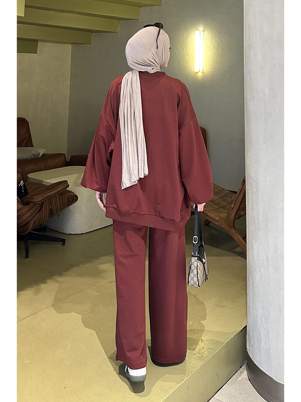 Kapüşonlu Pantolonlu İkili Tesettür Takım Bordo-3