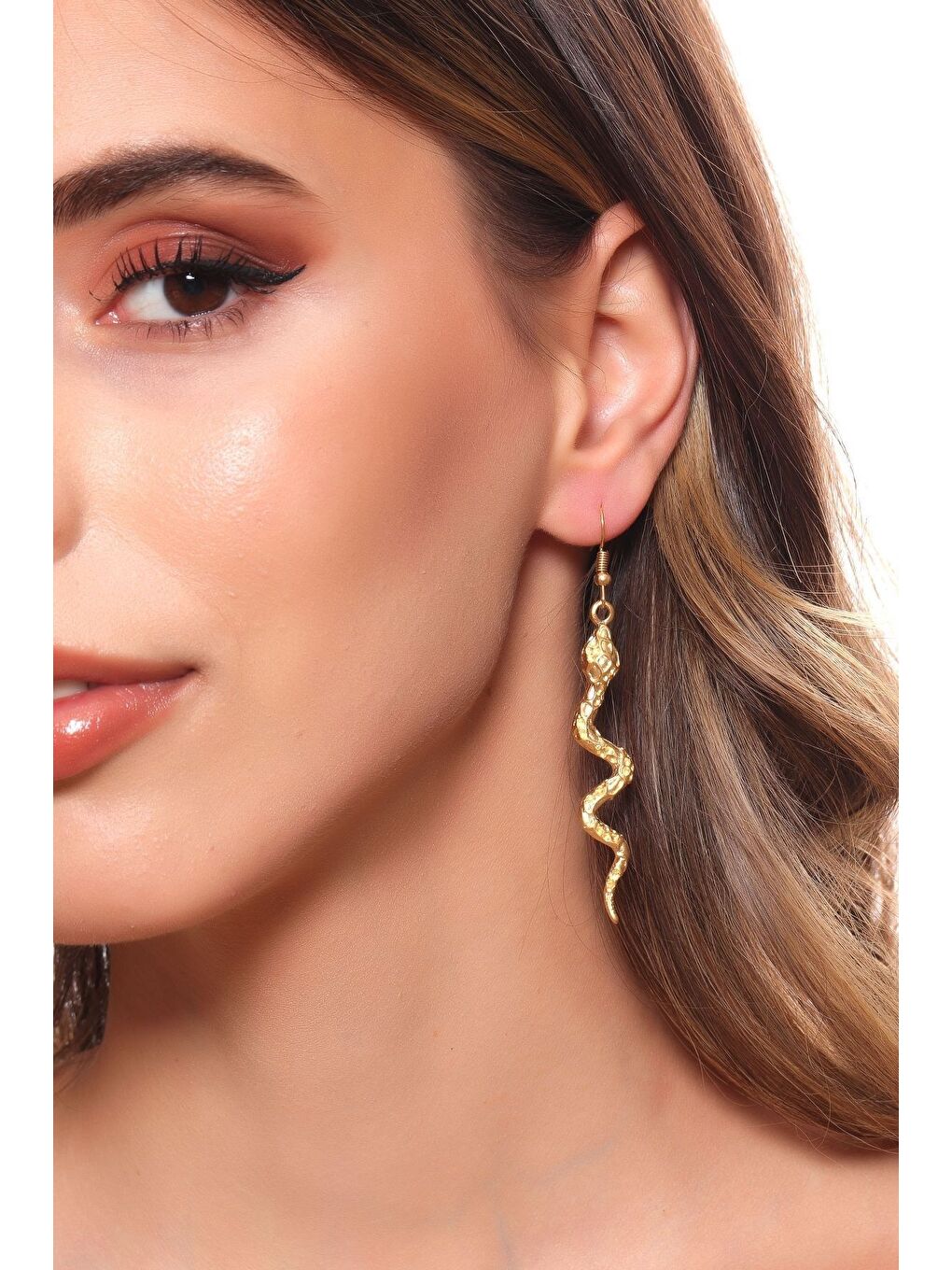 Sarı Kadın Mat Altın Kaplama Sallantılı Model Yılan Küpe-2