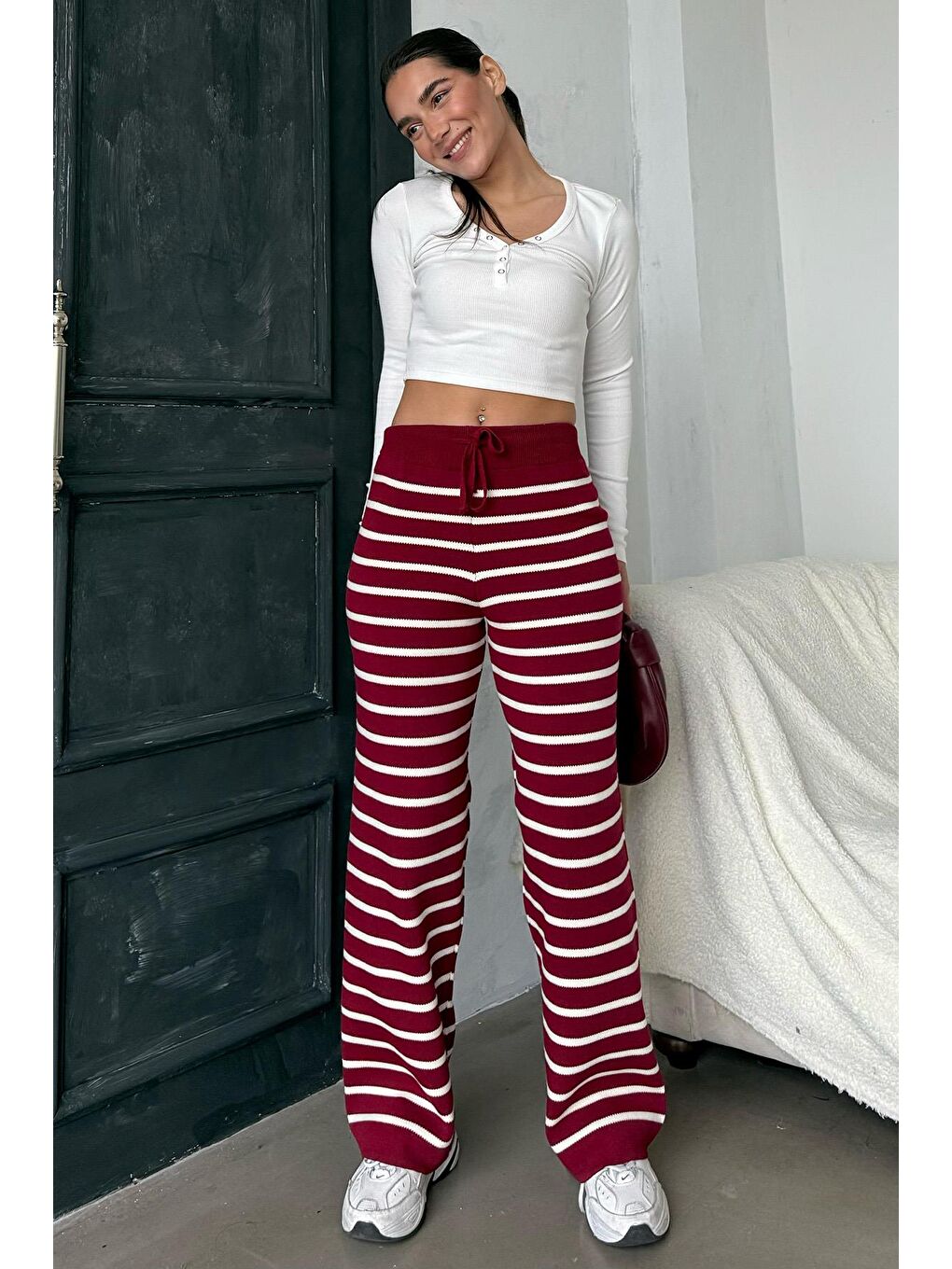 Bordo Çizgili Kadın Triko Pantolon Mg2342-2